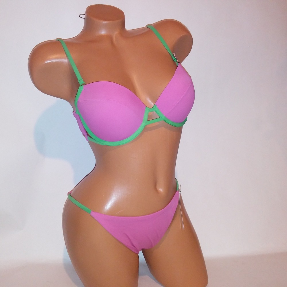 Victoria Secret PINK Swim Bikini Medium Top & Bottom Pink Green Push Up Cheeky